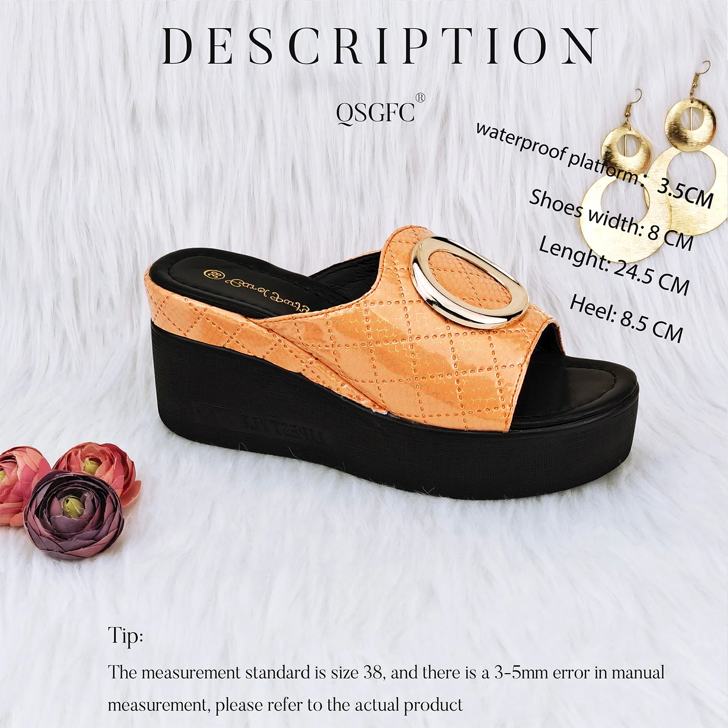 QSGFC Autumn Orange Color Elegant Simple Versatile Round Metal Decoration Ladies Sandals Comfortable Insole Shoes and Bags Set