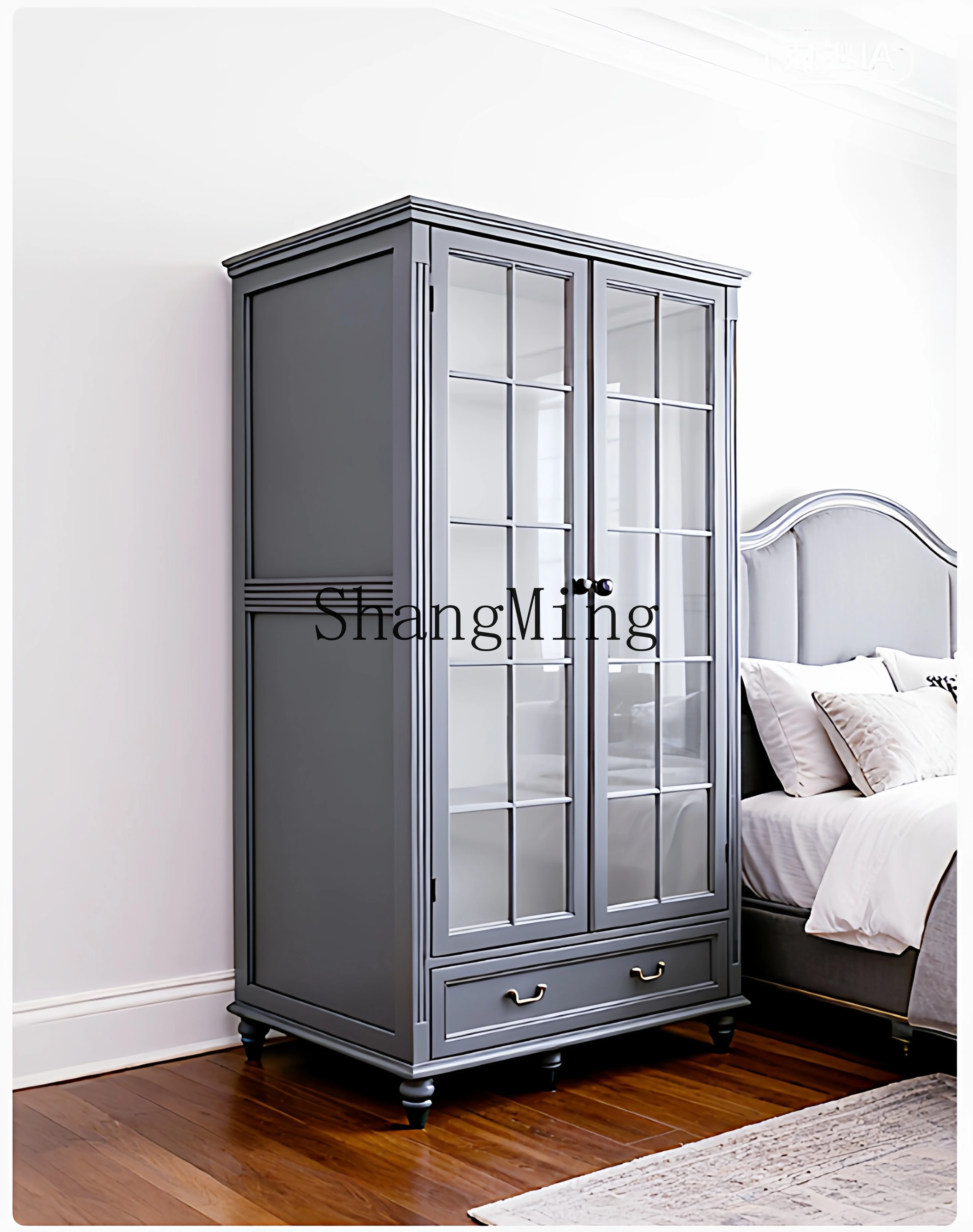 

CL pure solid wood double door wardrobe bedroom wardrobe 2 doors/3 doors retro premium gray storage storage hanging wardrobe
