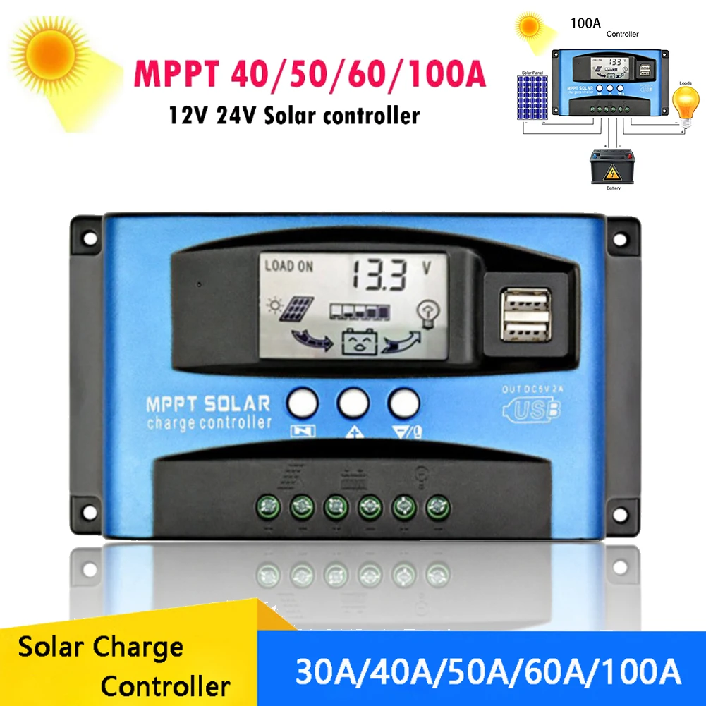 

30A/40A/50A/60A/100A MPPT Solar Charge Controller 12V/24V DC Input with 18V/36V Solar Panel LCD Display Solar Panel Regulator