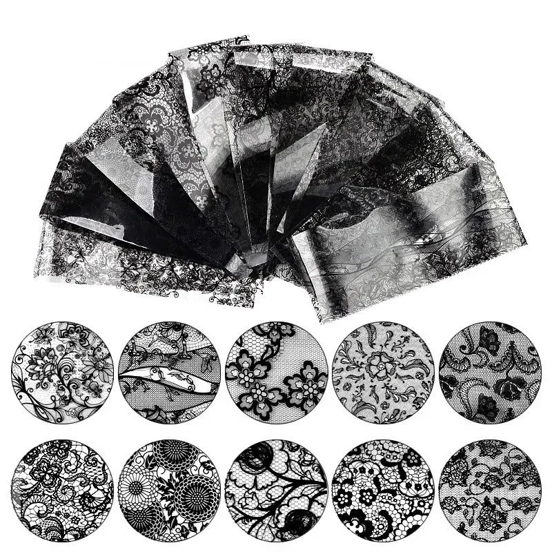 10 Sheets Black Lace Nail Stickers Nail Art Foils Set Nail Transfer Sticker Lace Floral DIY Transfer Paper Manicure Accessories