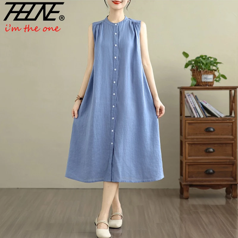 

THHONE Summer Fashion Women Dress Vestidos Femenino Cotton Linen Sleeveless Single Breasted Stand Collar Elegant Robe Dresses