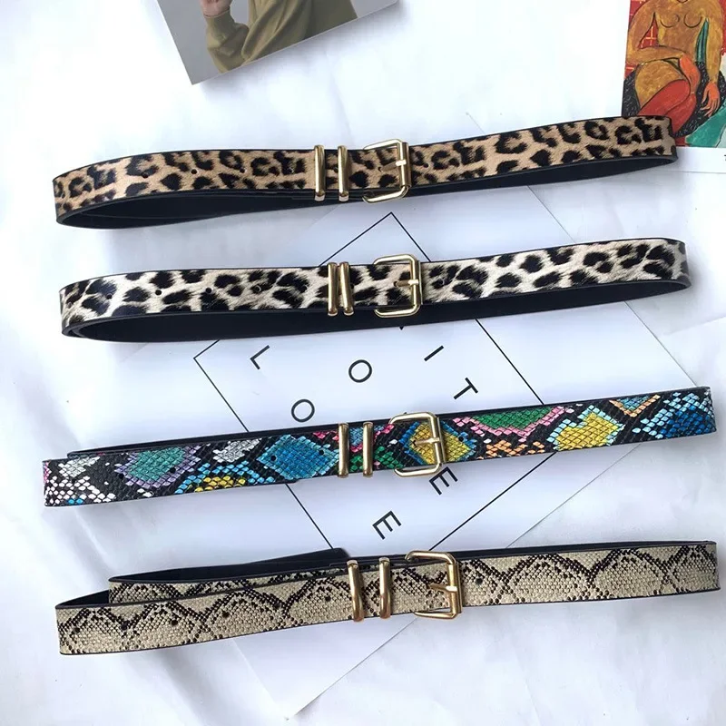 Novas mulheres leopardo cobra zebra padrão pele de cobra cos pele cricle pino fivela dourada cintos para vestido jeans ternos