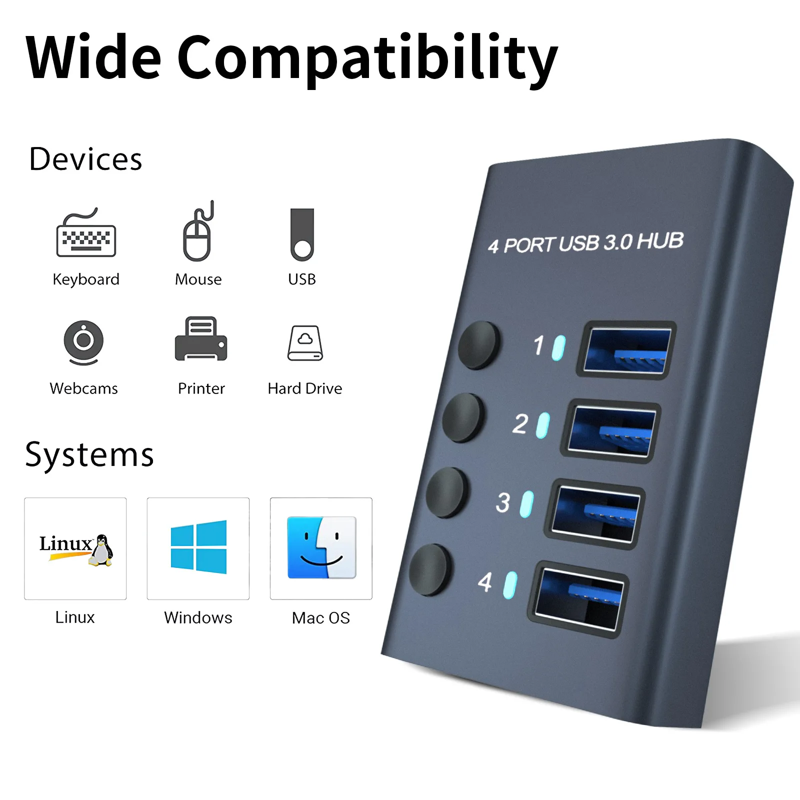 4-Port USB 3.0  Hub Aluminum Multi-Hub Splitter Concentrator Extensior Dock Switch Adapter for PC Laptop Accessories