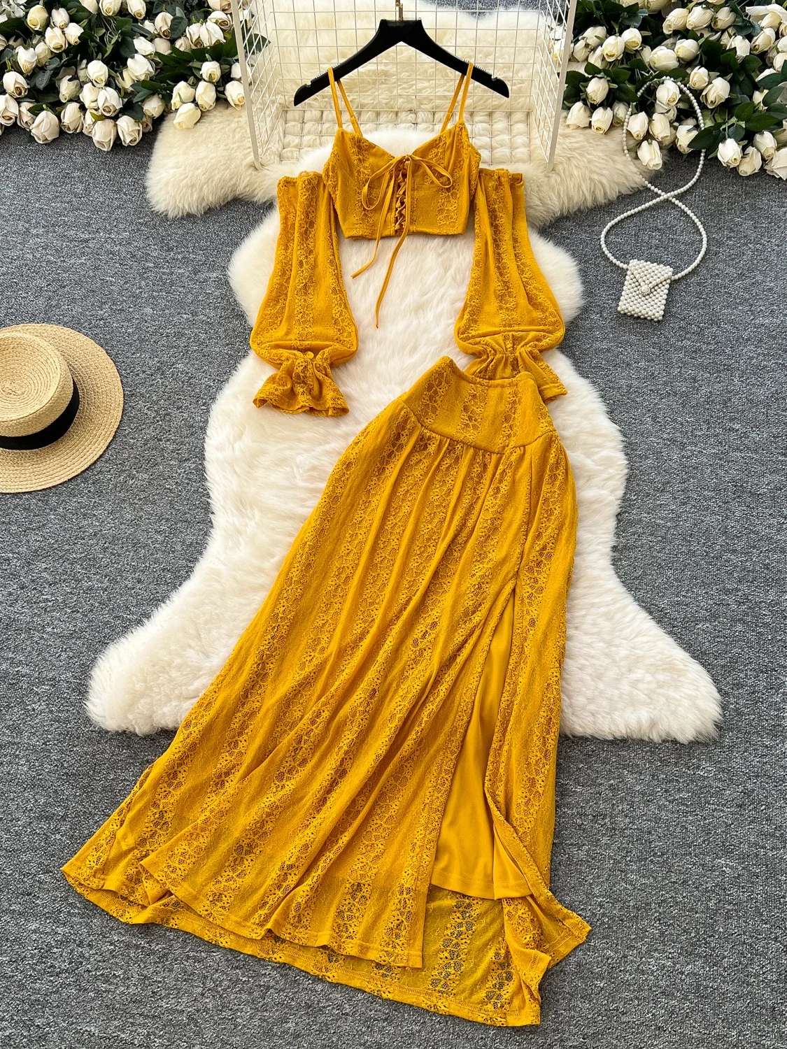 

Beach Vaion Sle Off-oulder Flared Sve Tie-oulder Tube Top High Waist Split Maxi Skirt Set Summer Faion Outfit
