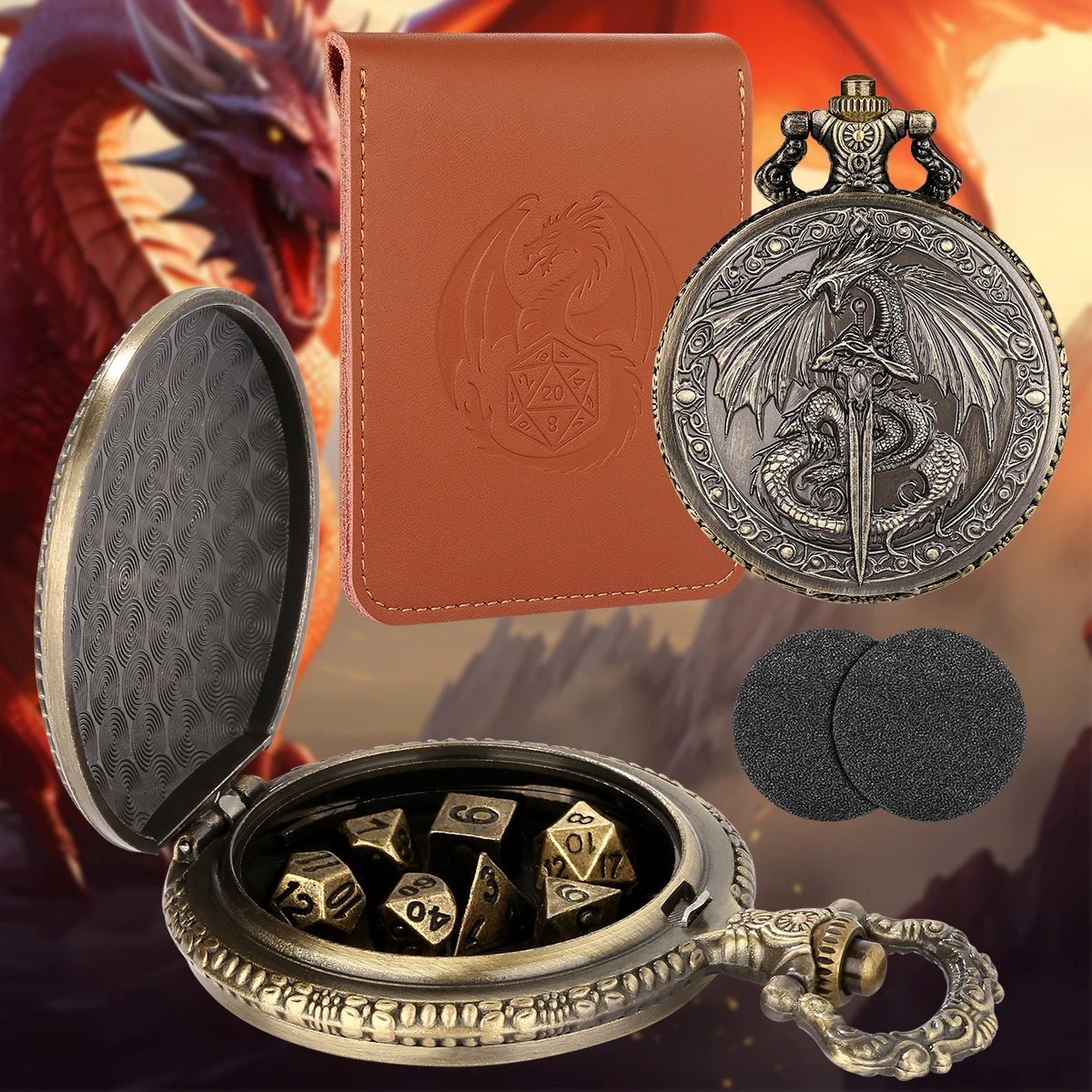 Steampunk Bronze Pocket Watch Case with 7pcs Polyhedral DND Dice Fantasy Dragon Gripping Sword Pattern Mini Dice Set with Bag