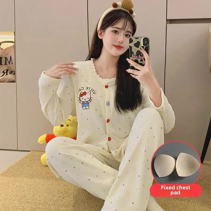 Hello Kitty pajamas long-sleeved trousers pure cotton casual two-piece set Sanrio loungewear Hello Kitty pajamas with chest pads