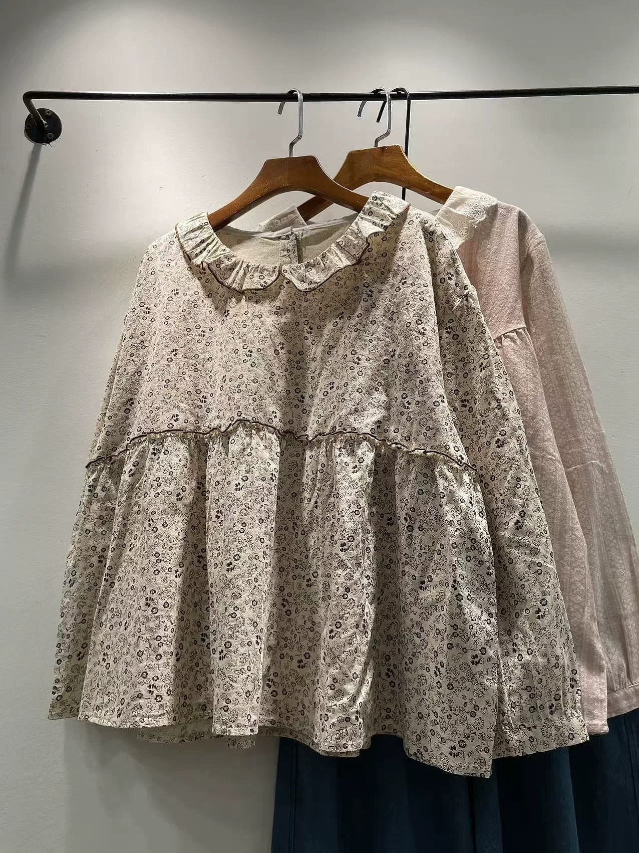 2026 Bust 118cm mori girl style sweet print a-line shirts and blouses for women spring sweet cotton long sleeve tops