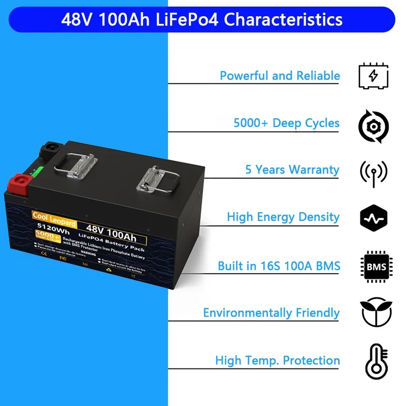 بطارية LiFePO4 ، 48 فولت 100 أمبير ، قدرة كاملة 51.2 فولت 5.12KWh 16S 100A BMS دورات عميقة 5000 زائد عمر لعربة الغولف