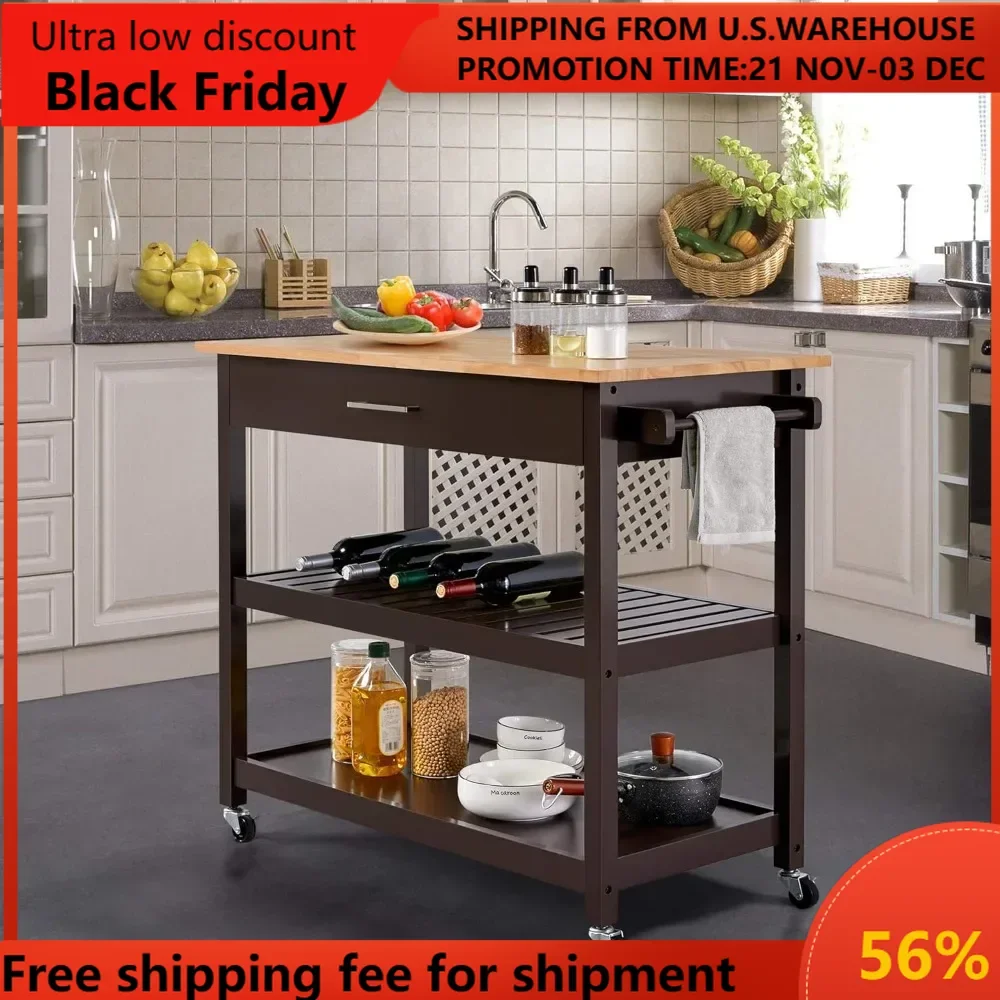 

Kitchen Island on Wheels with Bamboo Tabletop, 3-Tier Rolling Kitchen Cart Microwave Oven Cart Serving Trolley with Drawer and