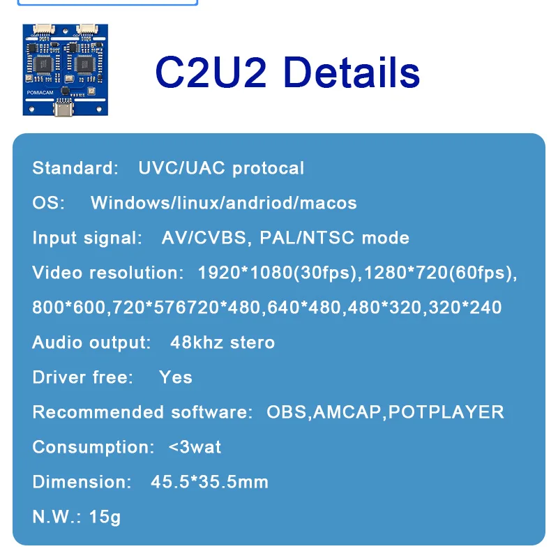 2 Channel USB Video Capture Card Needed for Android Windows Linux 1080P C2U2 AV/CVBS To USB Converter UVC Compliant No Drive