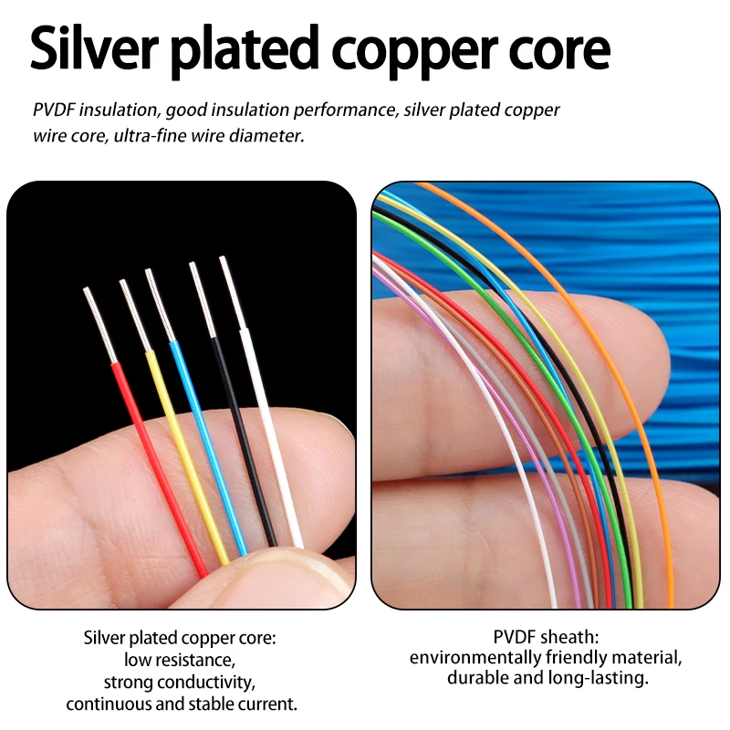 5m/10m 1423 Silver Plated Copper Wire 38/36/34/30/28/26/24AWG PVDF Silver Plated Single Core Micro Fine High Temperature Cable