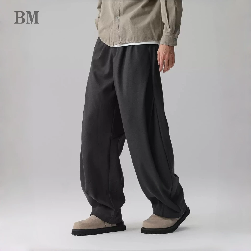 Mens Dark Grey Oversized Straight Leg Casual Pants Elastic Waist Streetwear Trendy Solid Color Loose Fit Drape Trousers Male