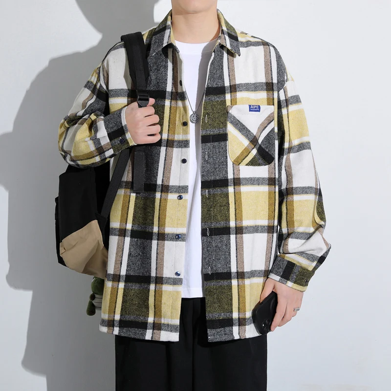 

Preppy Plaid Shirt Men's Long Sleeve Loose Fit High Street Style Spring Autumn Casual Outerwear Breathable Polyester Cotton B...