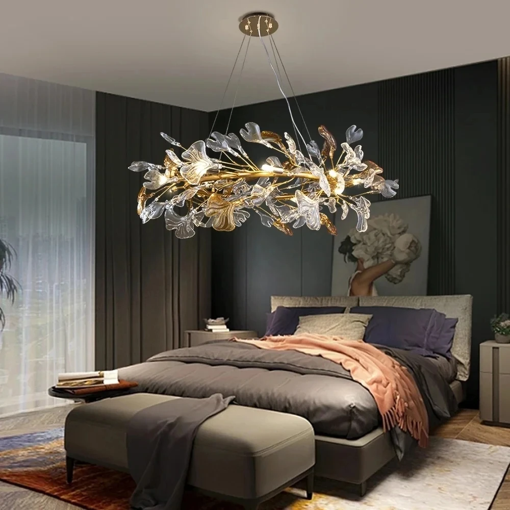 

Nordic suspended crystal chandelier bedroom living room dining room round glass ginkgo leaf luxury art crystal chandelier