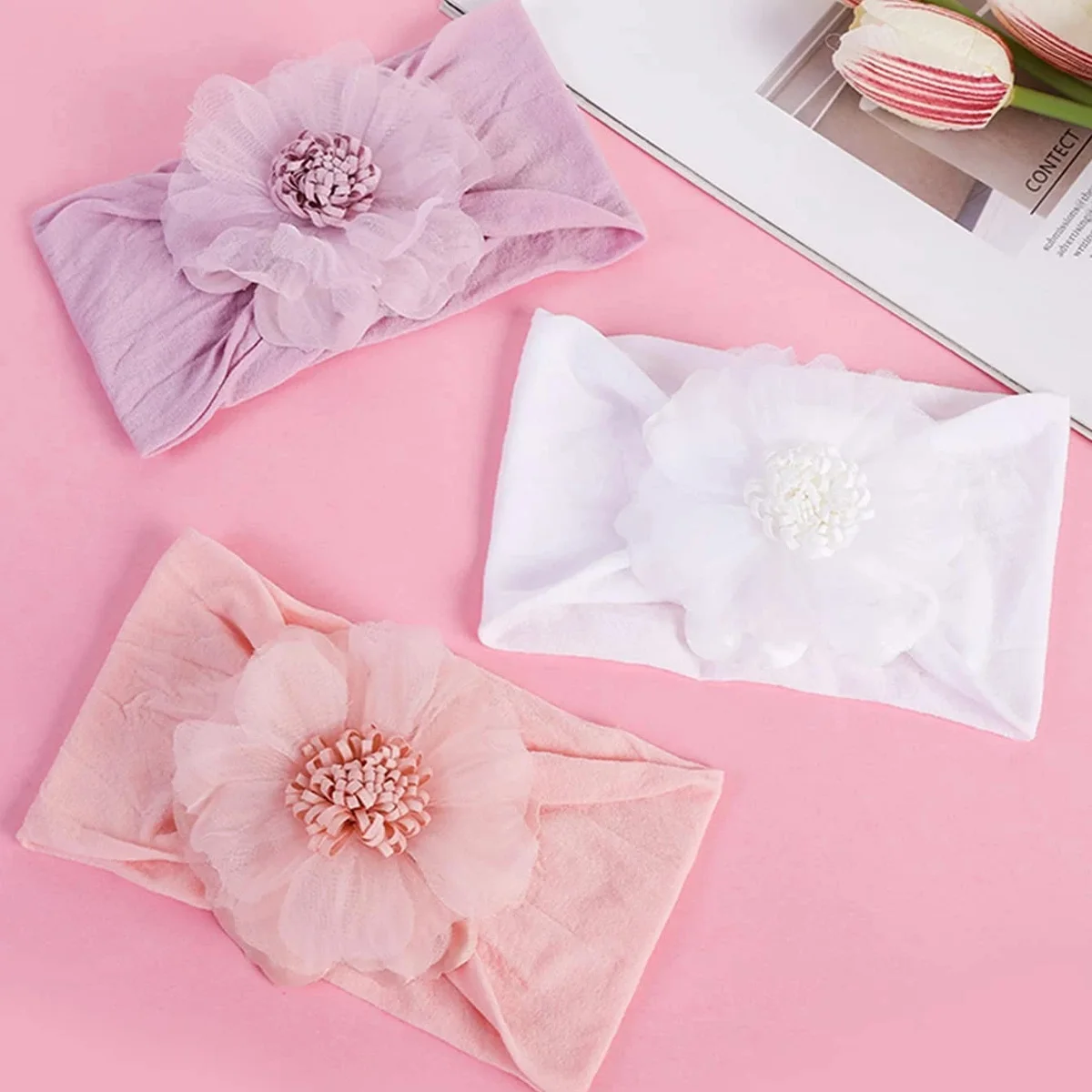 3 stücke Chiffon Blume dekorative Nylon Stirnband Mädchen fotografieren tägliche Mode Haarschmuck Baby weichen strerchy Nylon Top Knoten