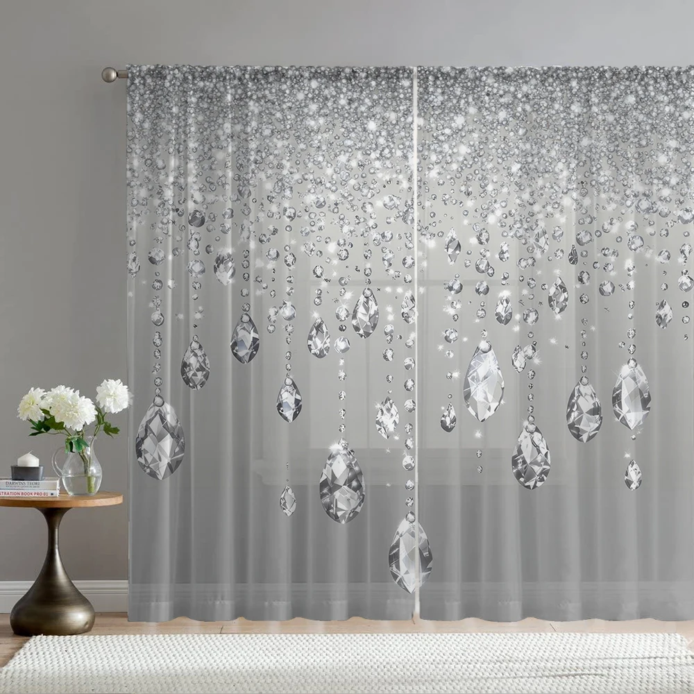 2Pcs Gray Bottom Droplet Shaped Diamond Print Home Decoration Window Screens Suitable For Kitchen, Coffee Shop, Restaurant