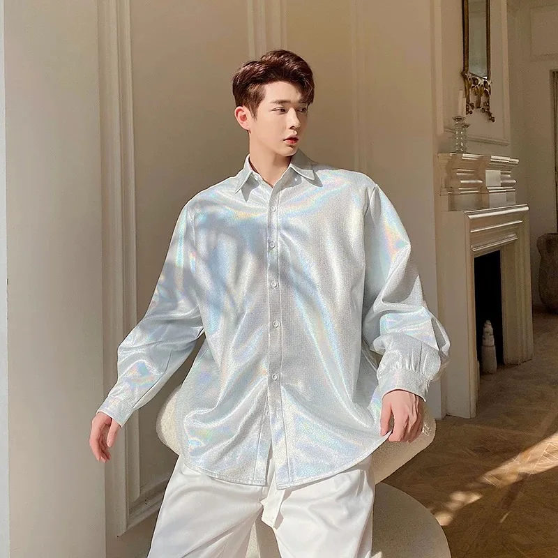 Male Bling Bright Surface Shirts Blouse Men Gentleman Senior Luxury Party Dinner Birthday Banquet Blouse Sexy Cool Festival Tops