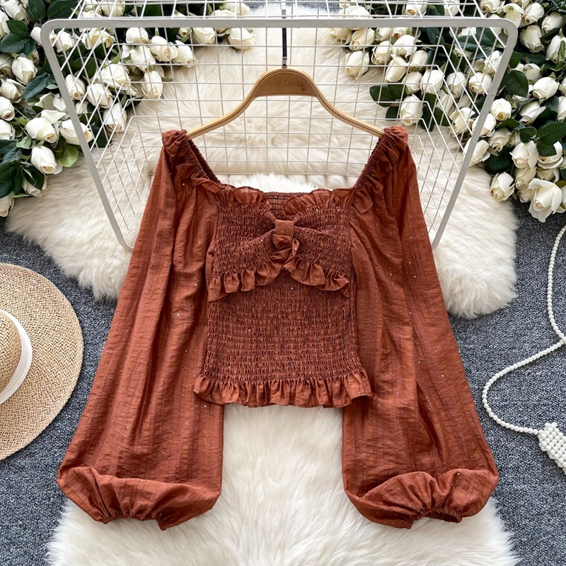 Early Autumn 2024 New Fashion Design Twist Pleated Lantern Sleeves Glitter Sparkling Top Women's Blouse