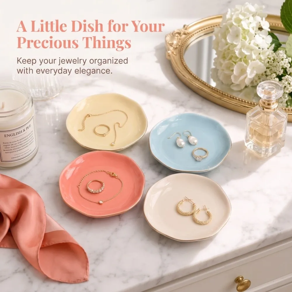 Gold Rim Round Ceramic Trinket Dish 11.5 Cm Irregular Jewelry Storage Plate Exquisite Simplicity Ring Holder