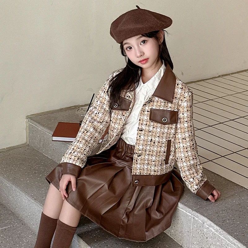 Autumn Winter Suit Pleated Skirt Set Girls Plaid Tweed Coat Leather Skirt Outfits JK Two piece Uniforms 5- 14 Years Kids Clothes