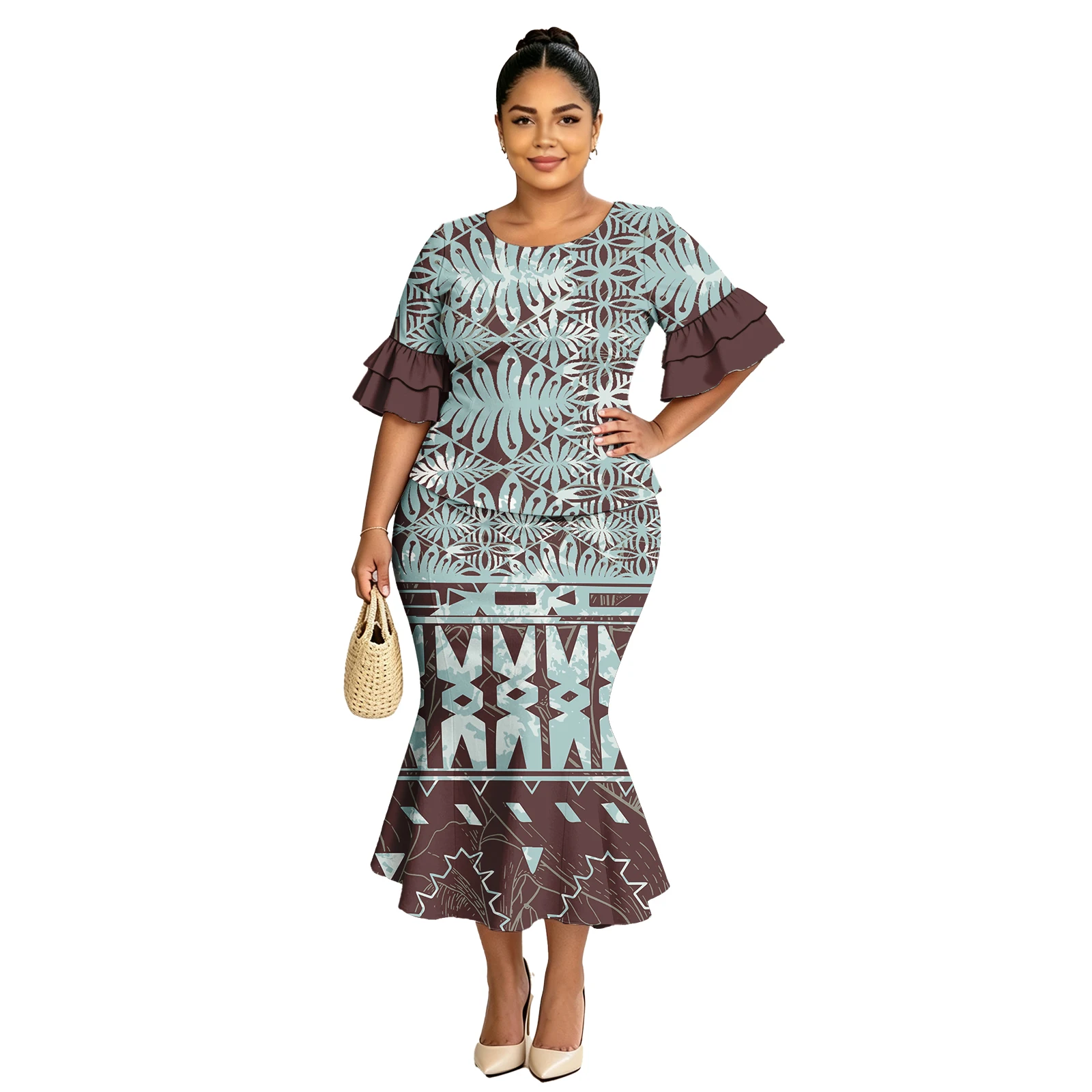 Polynesian Classic Island Plus Size Fishtail Skirts Puletasi Dress 2 Piece Set Petal Sleeve Tribal Design Women Samoan Puletasi