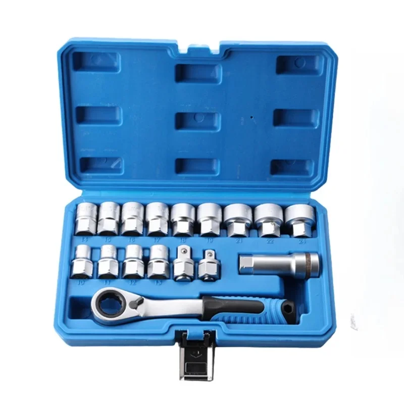 17PCS 12 Point Ratcheting Pass Through Socket Wrench Set with Extension Bar and Bits for Automotive Repair Professional Mechanic