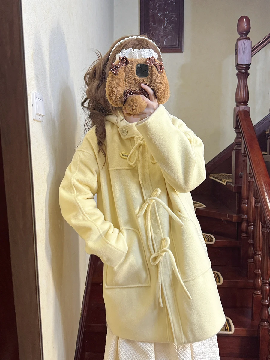 

Пальто Pinkdog Lazy Fluffy из шерстяной ткани с капюшоном, синее, с узлом, средней длины, женское, модное, для повседневной носки, из полиэстера