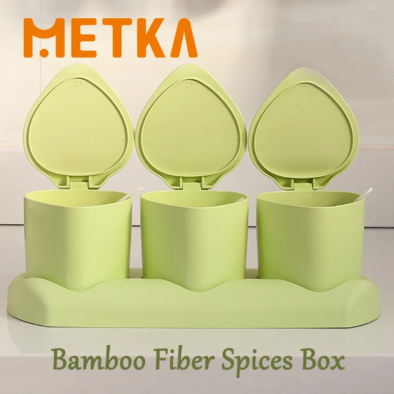 

3Pcs Bamboo Fiber Spices Container Set With Spoon Seasoning Jars Set Salt Spice Organizer Box Bottle Kitchen Accessories