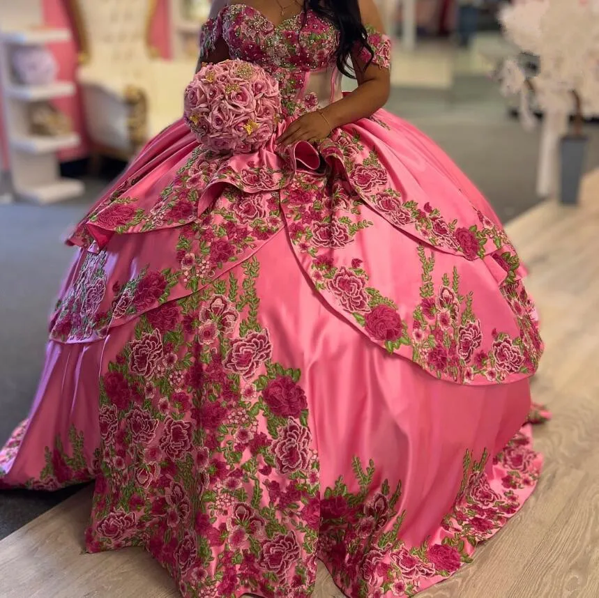 Fuchsia rosa Charro Königin Quince anera Kleid handgemachte 3d Blumen schulter frei Korsett Prinzessin Vestidos de 15 Años Quinceañeras