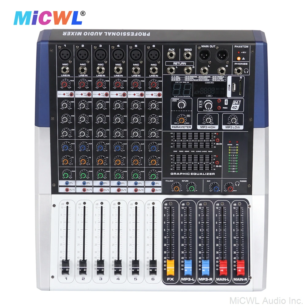 MiCWL 6 Channel Big Power Mixer 1200W Amplifier Driving Speaker 48V USB Wireless Wired Microphone Input Sound Console