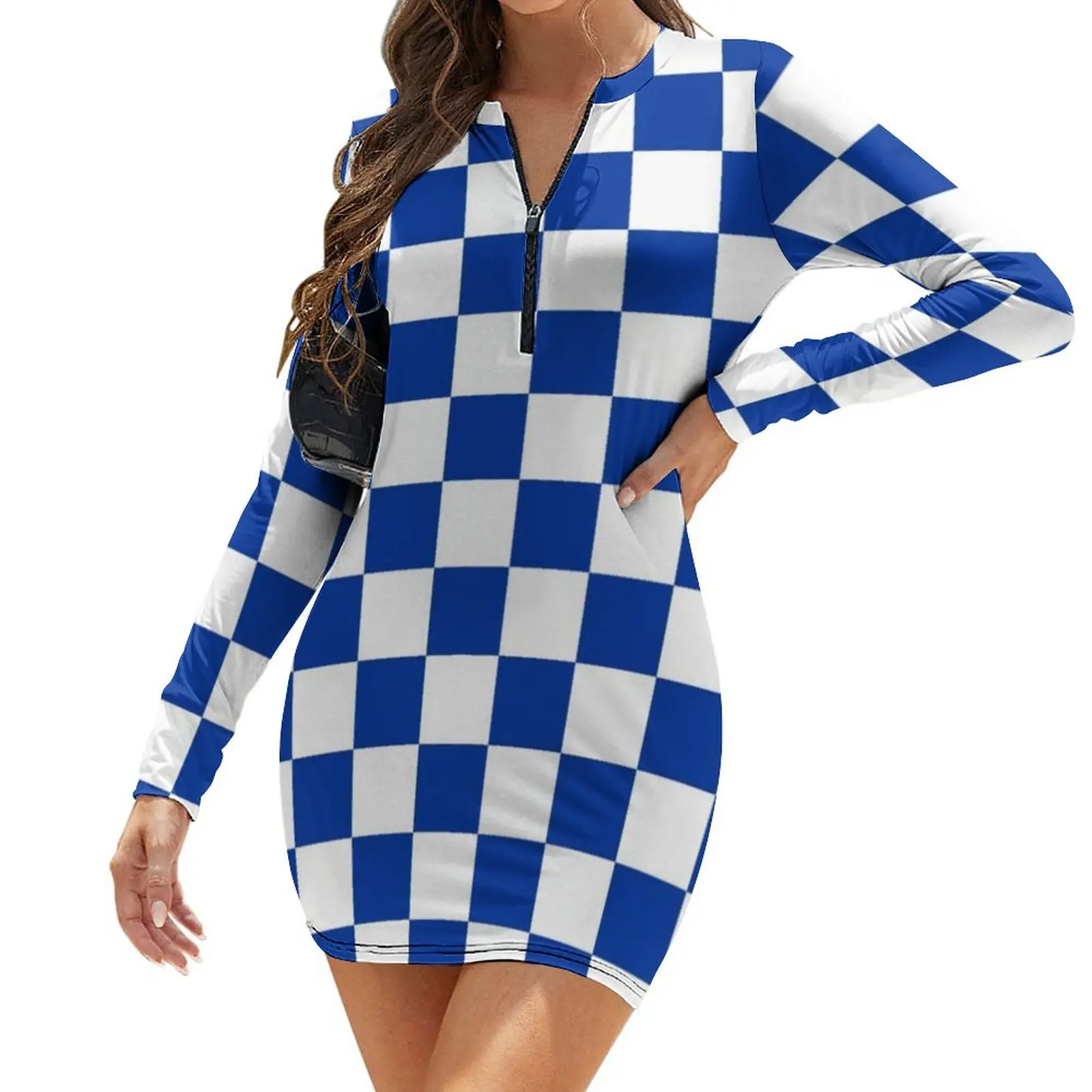 

Blue And White Checkerboard Dress Long Sleeve Vintage Checker Print Aesthetic Dresses Summer Sexy Bodycon Dress Female Pattern O