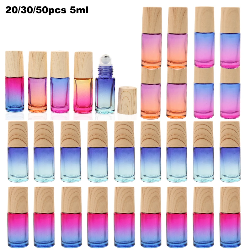 10/20/30/50pcs Empty 5ml Roll on Glass Bottle with Metal Roller Ball Gradient Color Container for Perfume Essential Oil Bottles