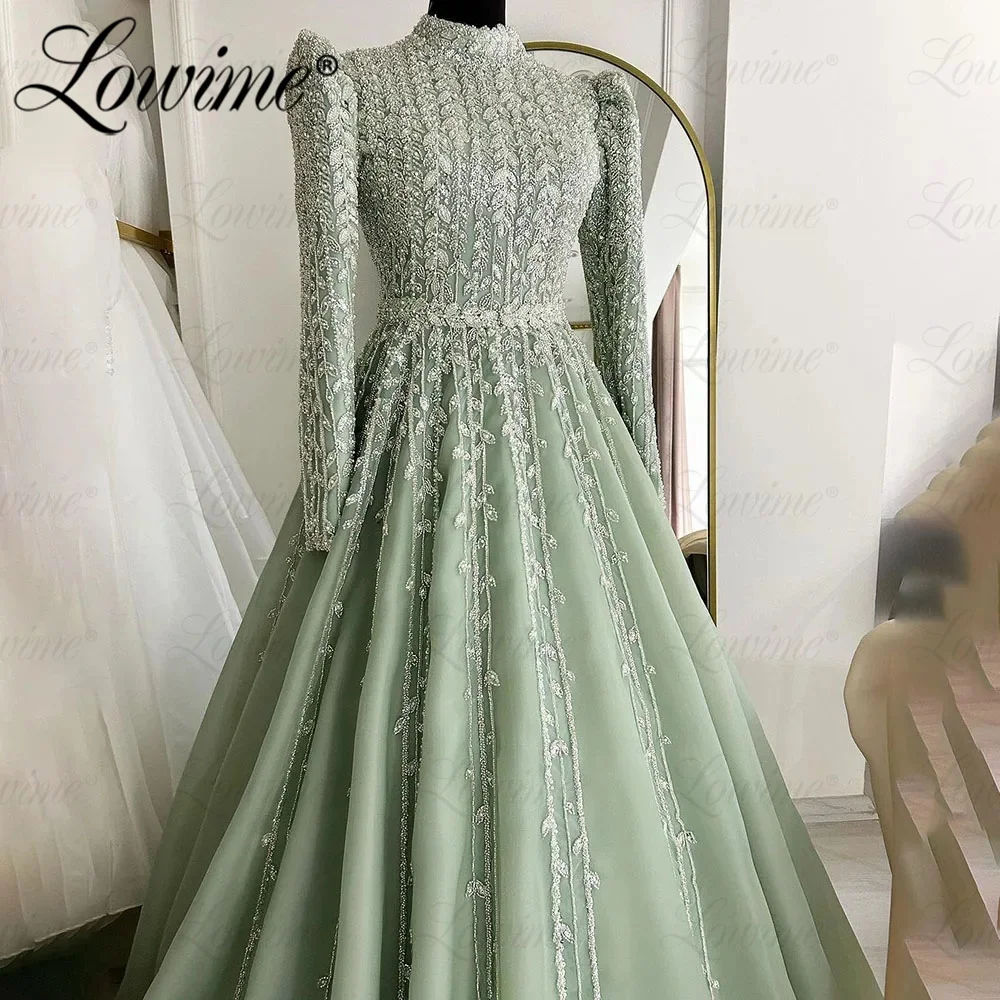 Elegant Full Beads Heavy Fabric Green Prom Dress Long Sleeves A Line Women Arabic Middle East Evening Gowns Wedding Bride Dress