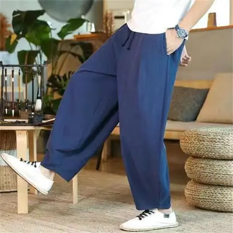 春夏のゆったりとしたワイドレッグブルマ、新作綿麻素材、メンズカジュアル、中国風リネン、仏教徒の服、ズボン
