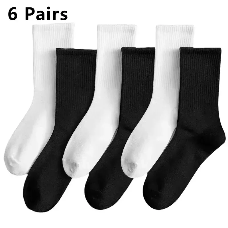 

6 Pairs Middle Tube Socks For Men Solid Colour In White and Black Streetwear Harajuku Fashion Breathable and Casual Socks