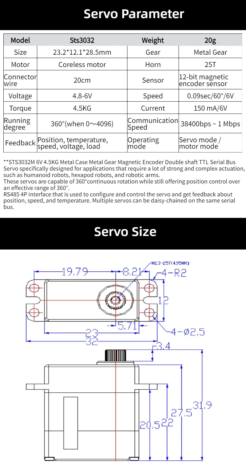 Feetech 6V 4.5KG Encoder magnetico da 360 gradi di piccole dimensioni Micro singolo albero Servo Feedback Quadrotor Robot PTZ Camera STS3032
