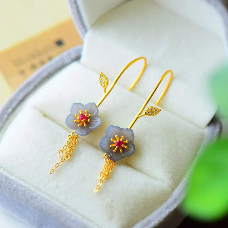 Original Design Natural Hetian Smoke Purple Jade Small Flowers Long Tassel Earrings Exquisite Classical Romantic Ladies Jewelry