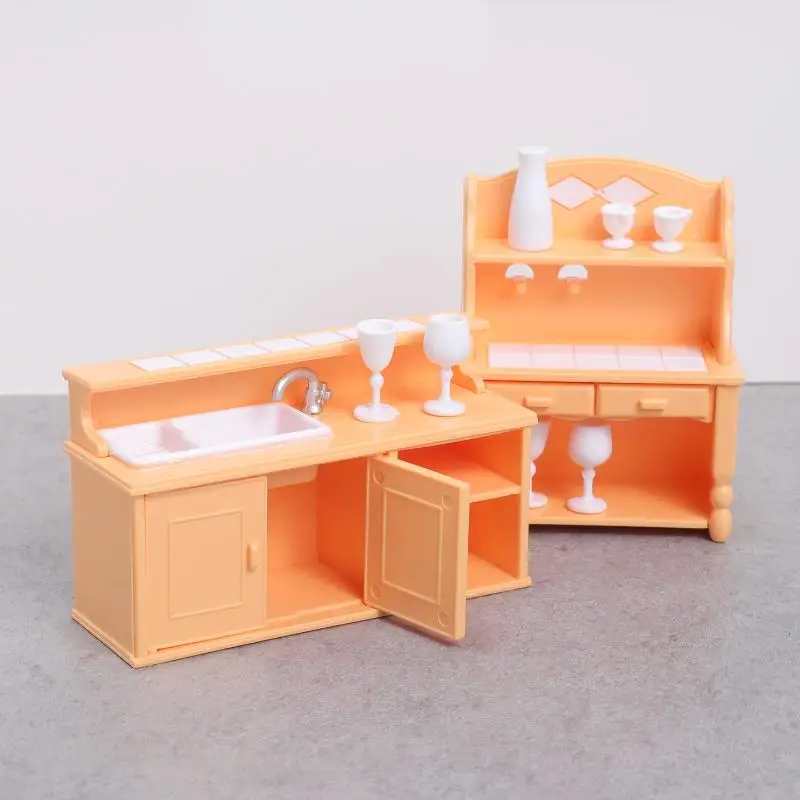 (.) 1 Set Dollhouse Kitchen Furniture Kit 1:12 Scale Sink Cabinet With Wine Glasses Dollhouse Accessory For Kids Pretend Play view 2
