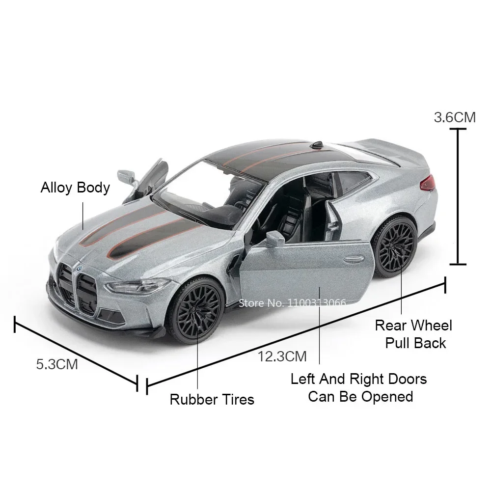 1:36 BMW M4 CSL auto's speelgoedmodel legering gegoten rubberen banden miniatuurauto met terugtrekbare 2 deuren geopend voertuig peuter kinderen geschenken