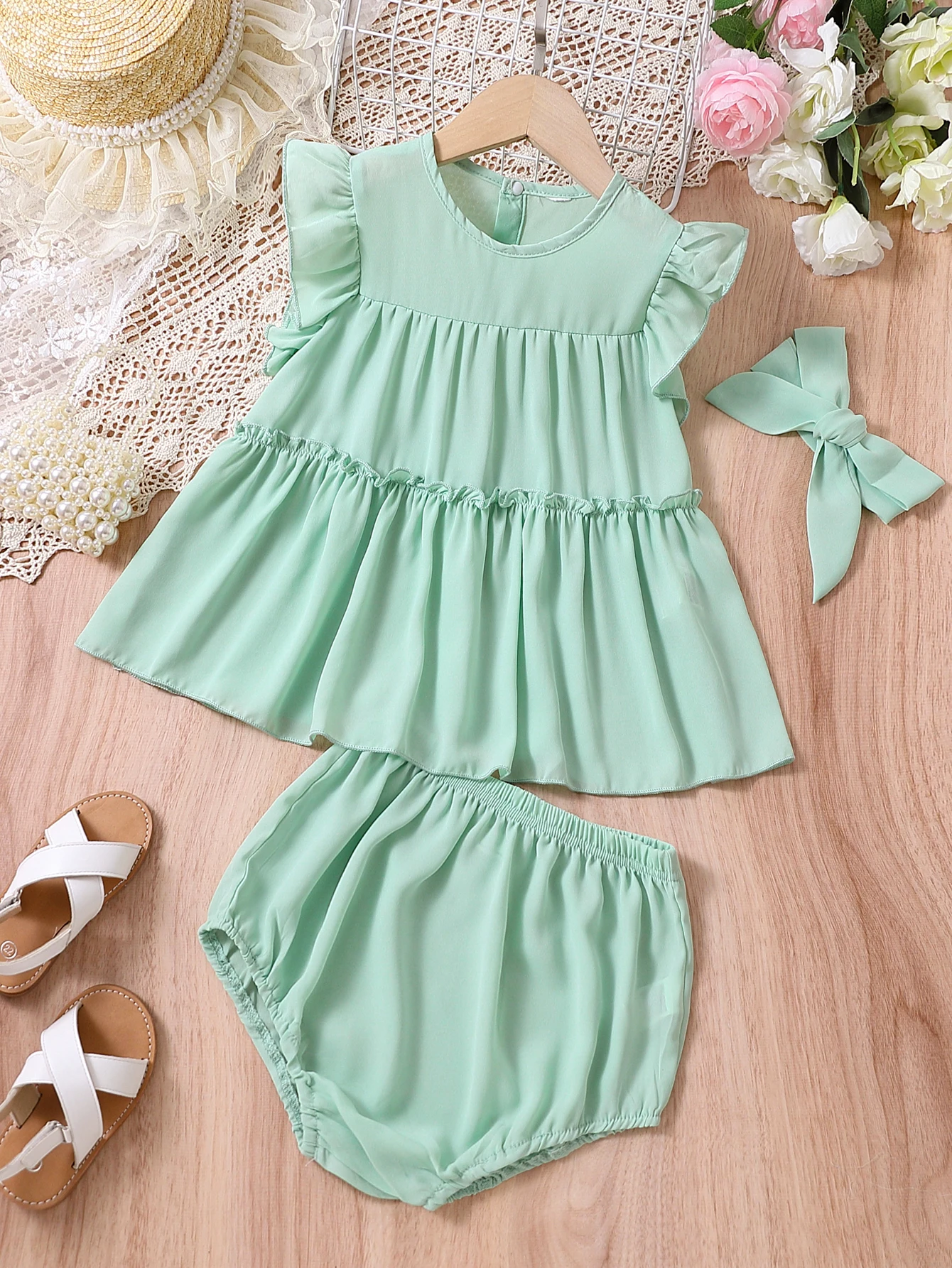 Mint Green Baby Girl Two-Piece Set Summer Fresh Flounce Sleeve Layered Skirt + Ethereal Chiffon Fabric Outfit for Little Girls