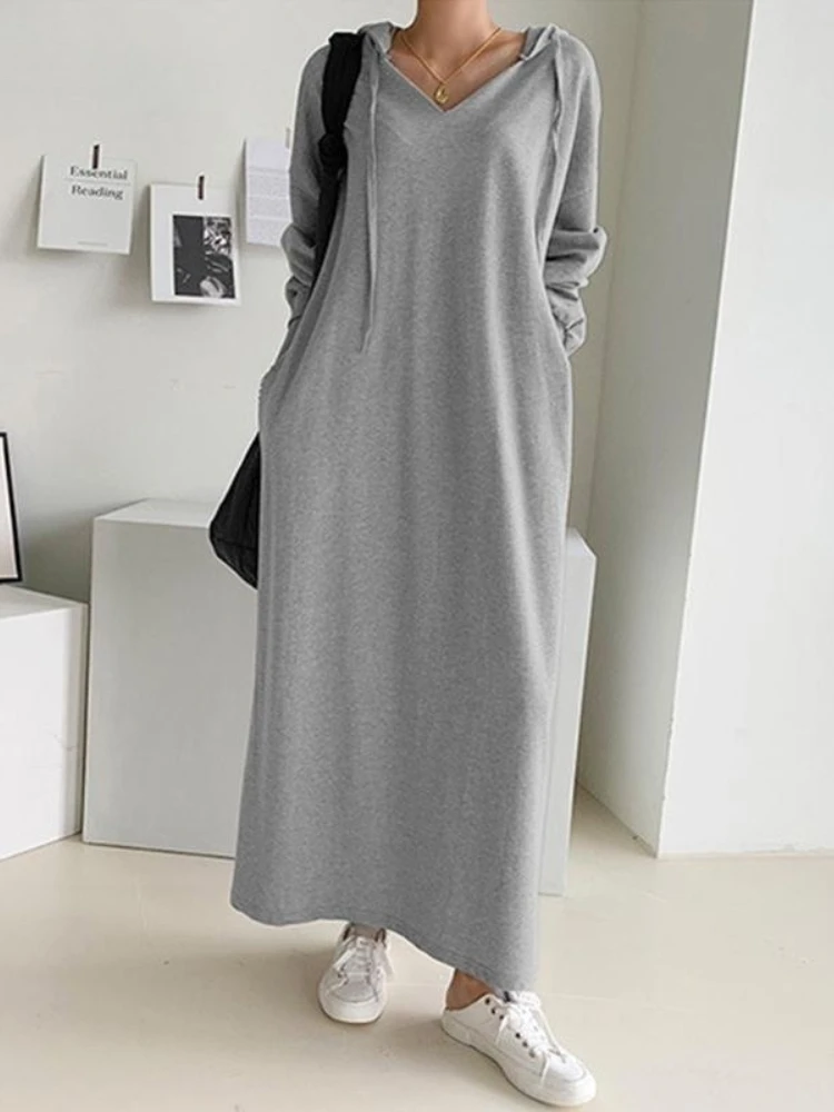 2024 Autumn New Women\'s Commuting Style Elegant Solid Color Long Hoodie Warm Thick Casual Long Hoodie Dress