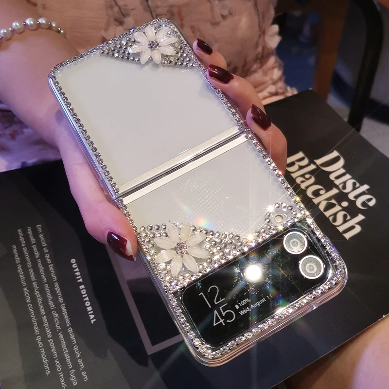 For Samsung Galaxy Z Flip3 Foldable Screen Phone Case Diagonal Daisy Lace with Diamond Crystal Diamond Phone Protective Case