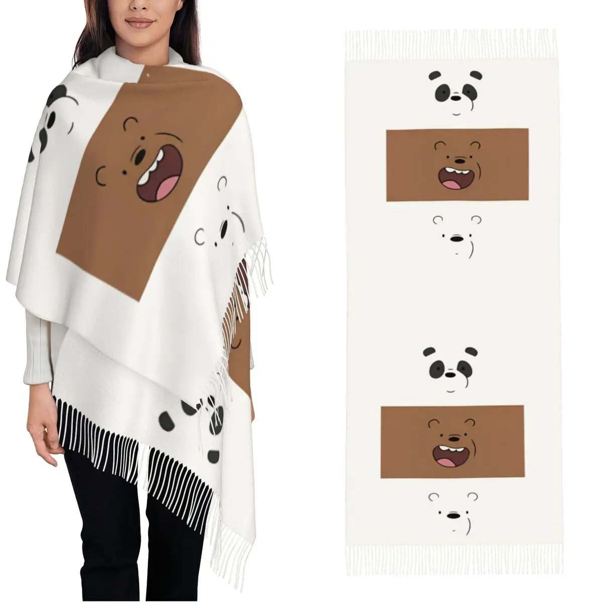 Women's Tassel Scarf We Bare Bears Cartoon Large Super Soft Shawl Wrap Funny Panda Animal Daily Wear Cashmere Scarf