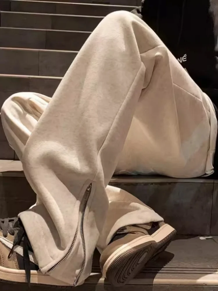 

American Sle Thiened Bell Bot Pants Men's Autumn Fce Lined Thi Design Zipper Straight Leg Wide Leg Casual Sweatpants