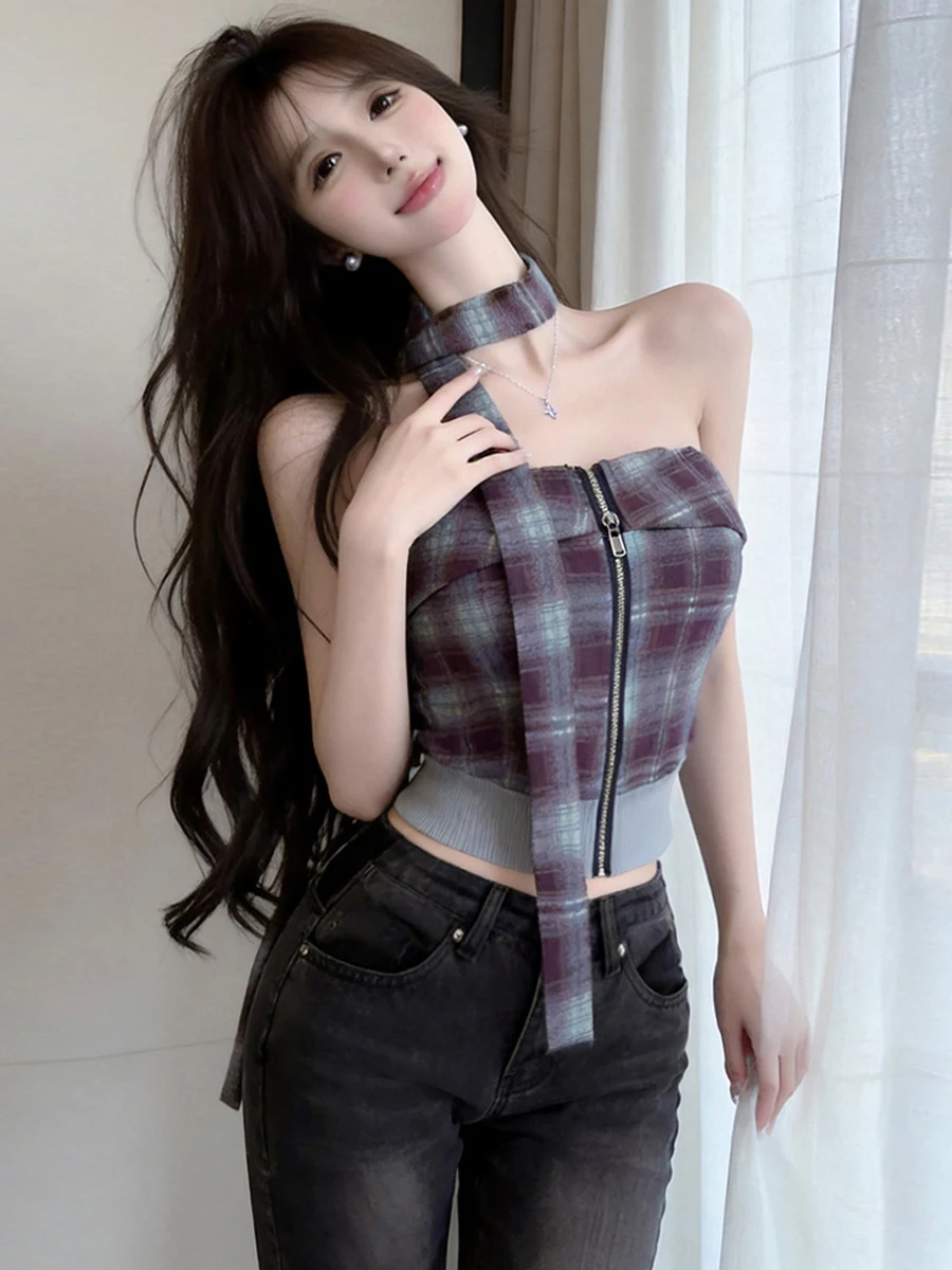 Sexy Slim Fit Plaid Tube Top Vest Zipper Back Large Chest Illusion Draped Strap Women's Fashion Spring Autumn Breathable Short