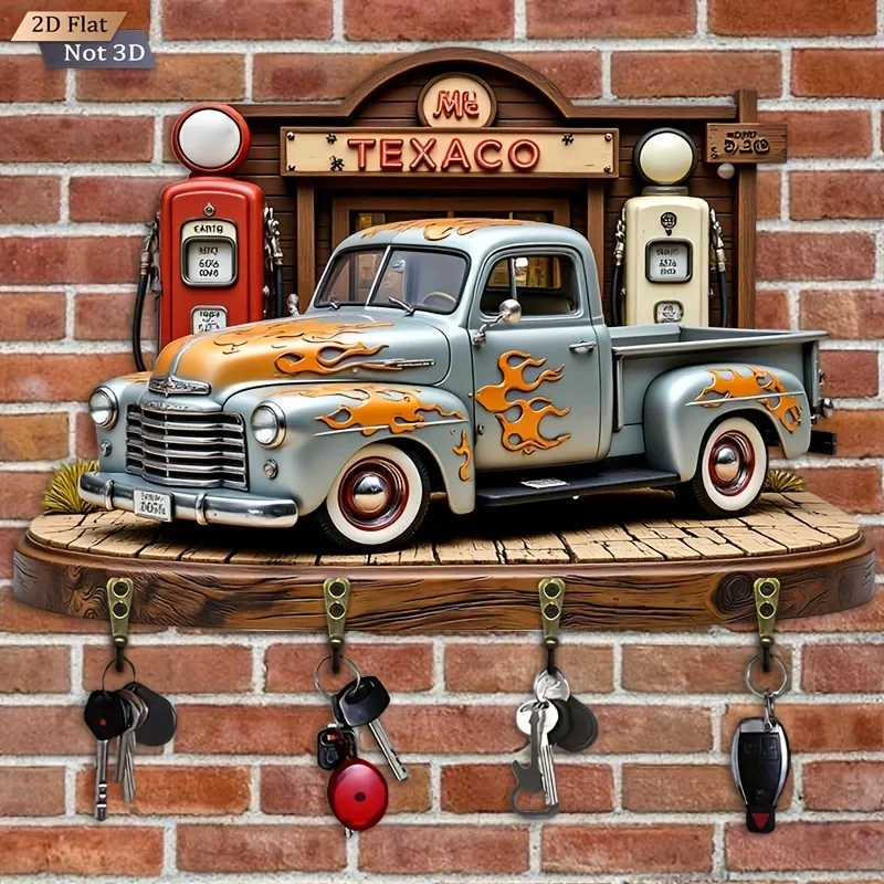 2D Flat. 1pc. Vintage Flame Truck Key Hook - Wooden Multi-Functional Decorative Key Holder with Four Metal Hooks, Wall