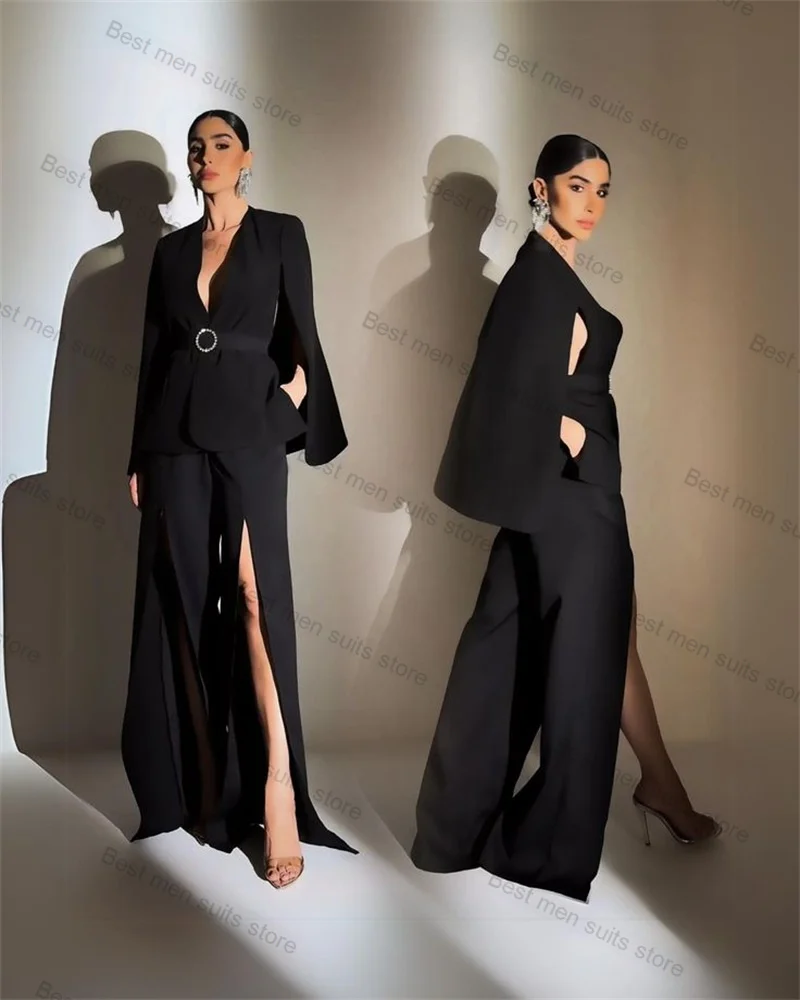 

Black Cotton Cape Women Suit Set 2 Piece Blazer+Split Pants With Belt Formal Office Lady Coat Jacket Customized Prom Outfit