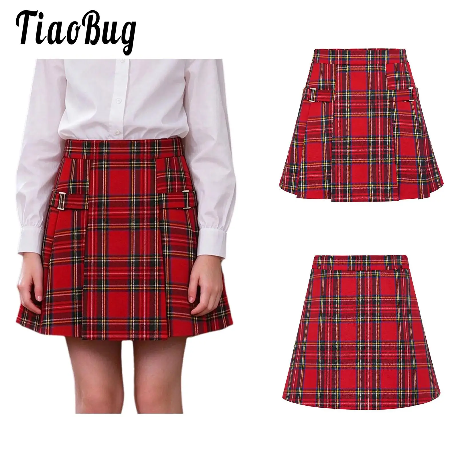 Kids Girls Preppy Style Skirts School Uniform Zipper Plaid Pockets Pleated Skirt for Recitation Performance Party Outdoor Play