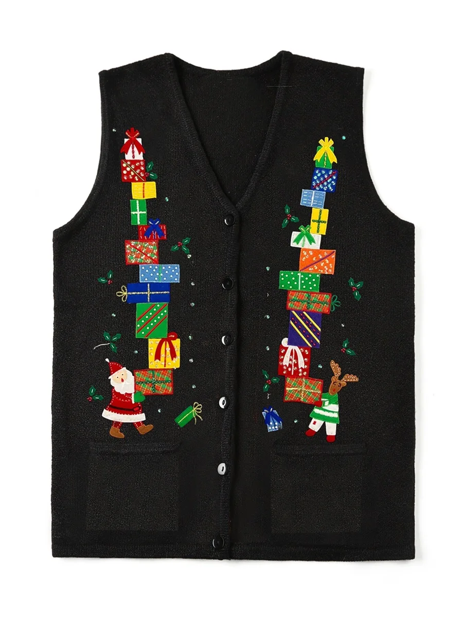 Women s Autumn Winter Sweater Vest V Neck Christmas Pattern Print Button Up Knit Tank Tops