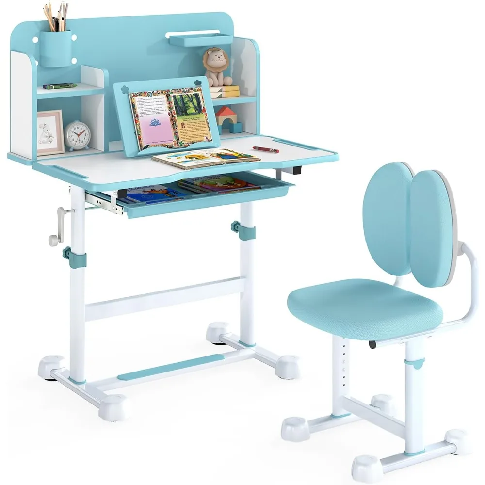 

Costzon Kids Регулируемый по высоте учебный стол и набор стульев с наклонным столом, держателем для ручек, подставкой для чтения, подставкой для ног, эргономичной